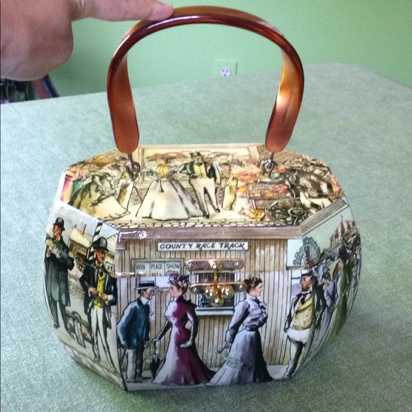 Wood Box Purse Bag Vintage Decoupage Lucite Handle